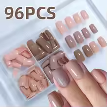 96 יחידות ציפורניים מלאכותיות בינוניות מרובעות, סדרת קפה בגימור מבריק
