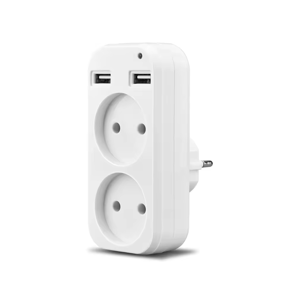 מפצל חשמל עם שקע כפול ו-2 יציאות USB